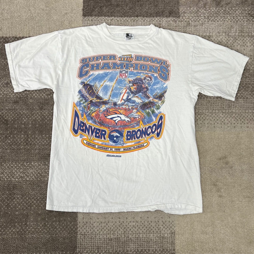 Vintage Starter Denver Broncos Super Bowl XXXIII Champions T-Shirt Mens L White